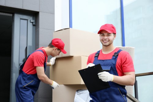 Packed business items ready for transport during a Bow commercial move